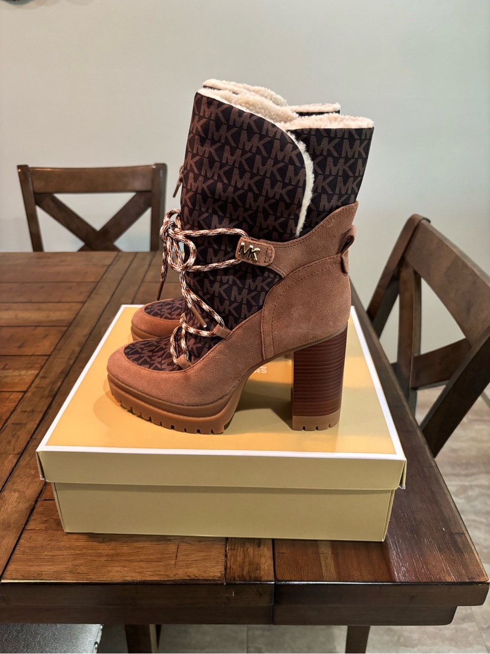 Michael Kors Brown Logo Suede Shearling Lace-Up Block Heel Boots